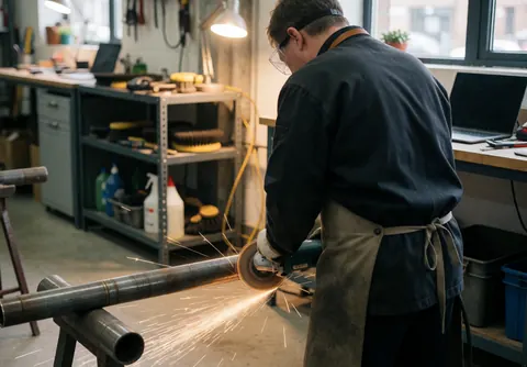 Un ouvrier industriel équipé de lunettes de sécurité et d'un tablier utilise une meuleuse pour couper un tube en métal dans un atelier bien éclairé.
