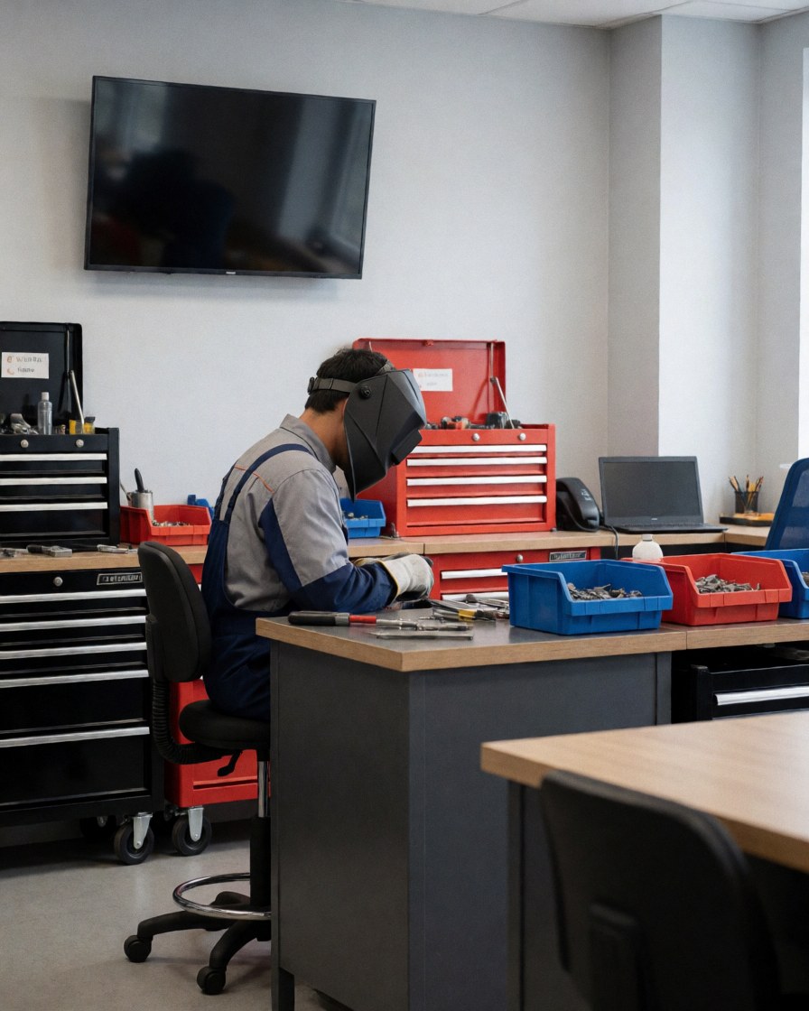 Mécanicien en casque de soudage travaillant dans un atelier de réparation de motos, entouré de boîtes à outils rouges et bleues sur une table propre dans un espace gris.