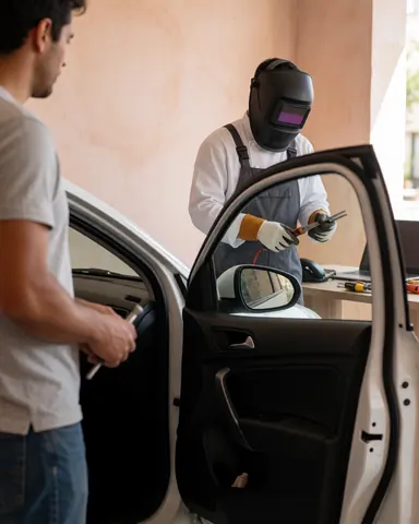Un client observe un ouvrier en casque et gants de protection qui travaille sur la portière d'une voiture, avec des murs clairs et des outils visibles.