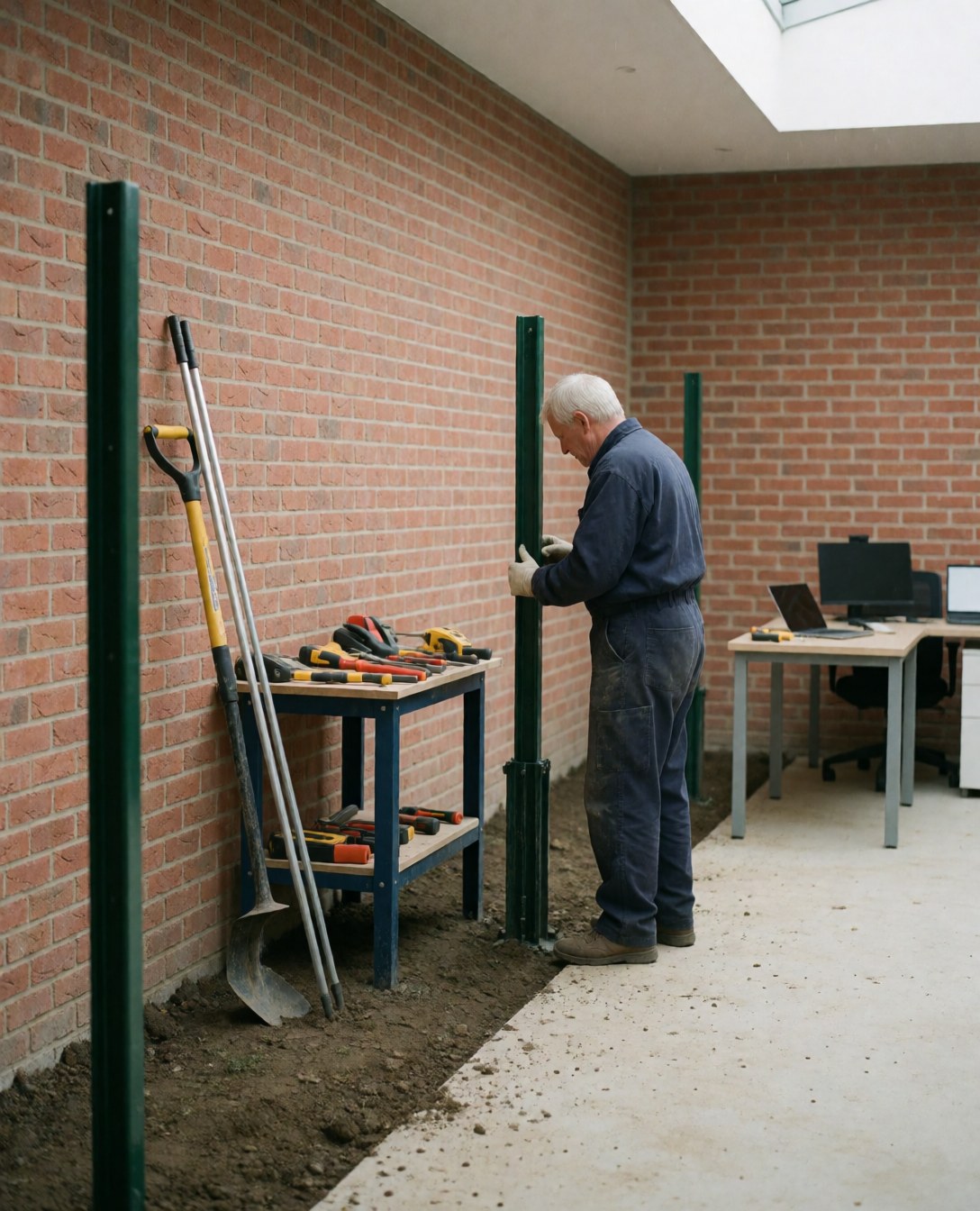 Un homme installe des poteaux de clôture verte dans une cour avec un mur en briques et des outils de jardinage sur une table.