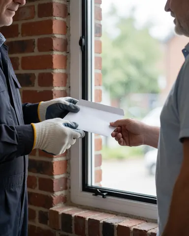 Un technicien en gants remet un document à un client satisfait devant une nouvelle fenêtre avec joint, mur en briques et lumière naturelle.