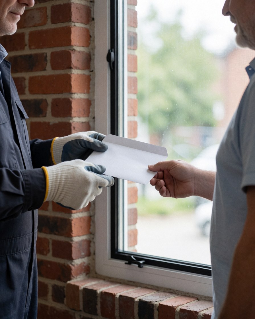 Un technicien en gants remet un document à un client satisfait devant une nouvelle fenêtre avec joint, mur en briques et lumière naturelle.