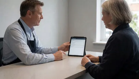 Un professionnel en tablier présente une information sur une tablette à un client assis à une table dans un local aux murs gris.