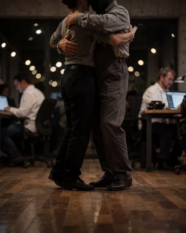 Deux personnes exécutant des pas de tango dans un salon au sol en bois poli et aux murs en béton, avec des lumières floues en arrière-plan créant une ambiance intime et élégante.