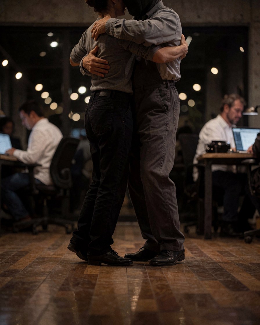 Deux personnes exécutant des pas de tango dans un salon au sol en bois poli et aux murs en béton, avec des lumières floues en arrière-plan créant une ambiance intime et élégante.