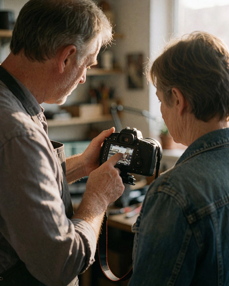 Photographe en atelier montrant une image sur l'écran d'un appareil photo reflex numérique à un client portant un jean, avec une lumière naturelle provenant d'une fenêtre.