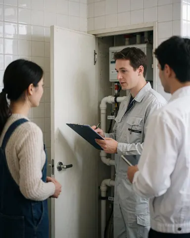 Un plombier en uniforme explique des résultats à un client devant une pièce technique avec des tuyaux et des carreaux blancs.