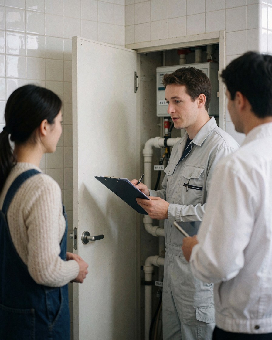 Un plombier en uniforme explique des résultats à un client devant une pièce technique avec des tuyaux et des carreaux blancs.