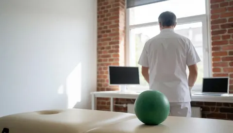 Thérapeute de massage sportif en clinique avec balle verte sur table de traitement, murs en briques rouges et lumière naturelle.