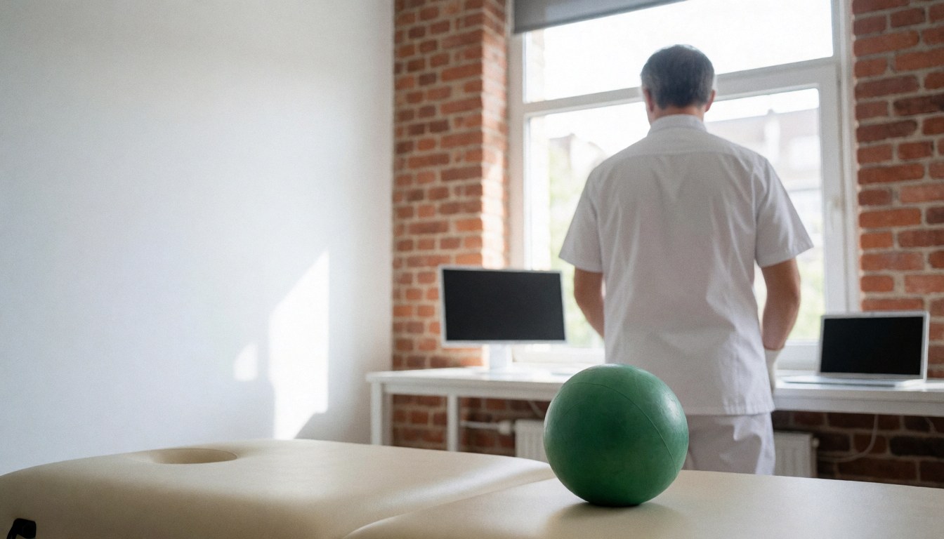 Thérapeute de massage sportif en clinique avec balle verte sur table de traitement, murs en briques rouges et lumière naturelle.