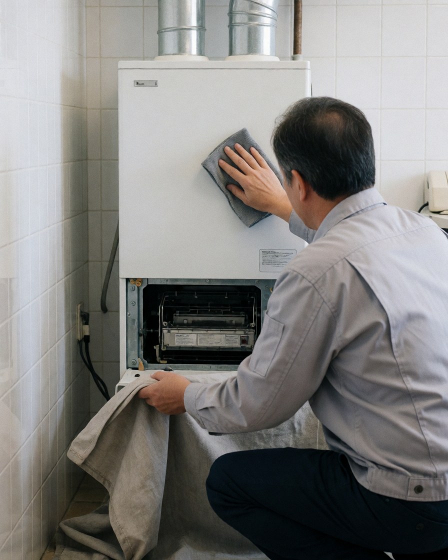 Un technicien professionnel nettoie une chaudière blanche avec un tablier gris dans une salle de bain aux carreaux blancs, illustrant un service de réparation de chauffage en cours.