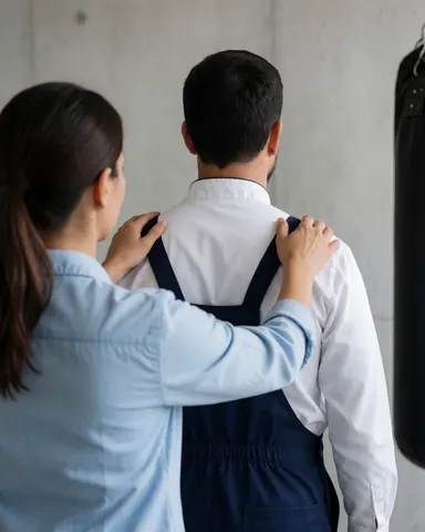 Un instructeur de boxe ajuste la posture de son client en posant ses mains sur ses épaules, près d'un sac de frappe dans un gymnase aux murs en béton.