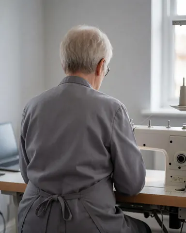 Vue arrière d'une personne utilisant une machine à coudre dans un atelier baigné de lumière naturelle.