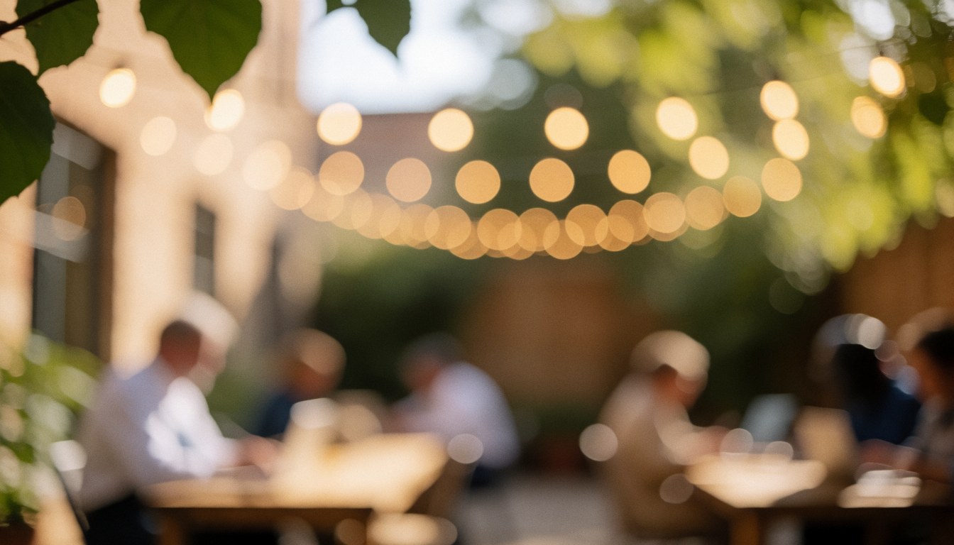 Arrière-plan flou de terrasse avec lumières chaudes, feuilles vertes et tables, idéal pour un cours d'espagnol.