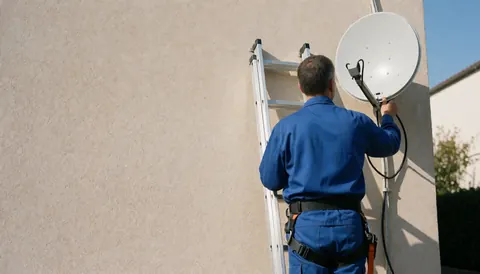 Un technicien en uniforme bleu installe une antenne satellite blanche sur un mur en stuc à l'aide d'une échelle en aluminium sous un ensoleillement vif.
