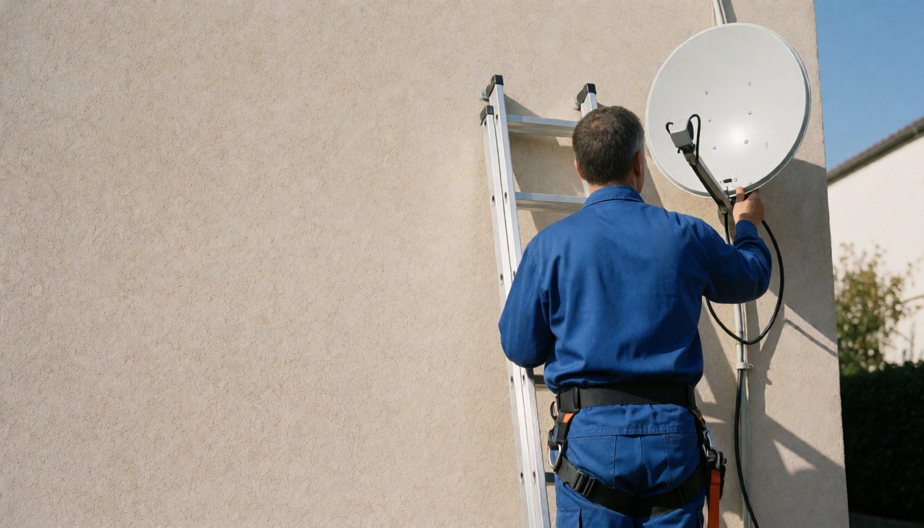 Un technicien en uniforme bleu installe une antenne satellite blanche sur un mur en stuc à l'aide d'une échelle en aluminium sous un ensoleillement vif.