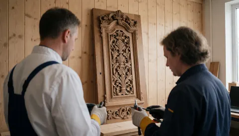 Deux artisans restaurent un panneau de bois sculpté dans un atelier aux murs en bois, utilisant des outils de menuiserie sous lumière naturelle.