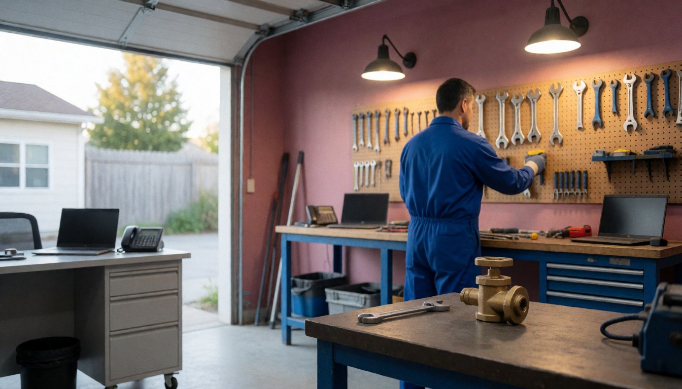 Atelier de réparation de chauffage avec une vanne en bronze et des outils sur une table, mur rose et technicien organisant des outils sur un panneau.