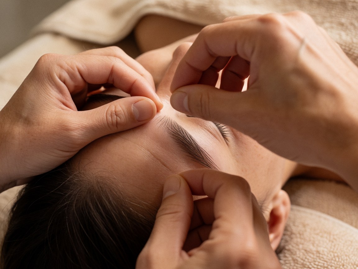 Des mains réalisant un microblading sur les sourcils d'une personne aux cheveux foncés, posée sur un tissu beige, éclairée par une lumière douce et chaleureuse.