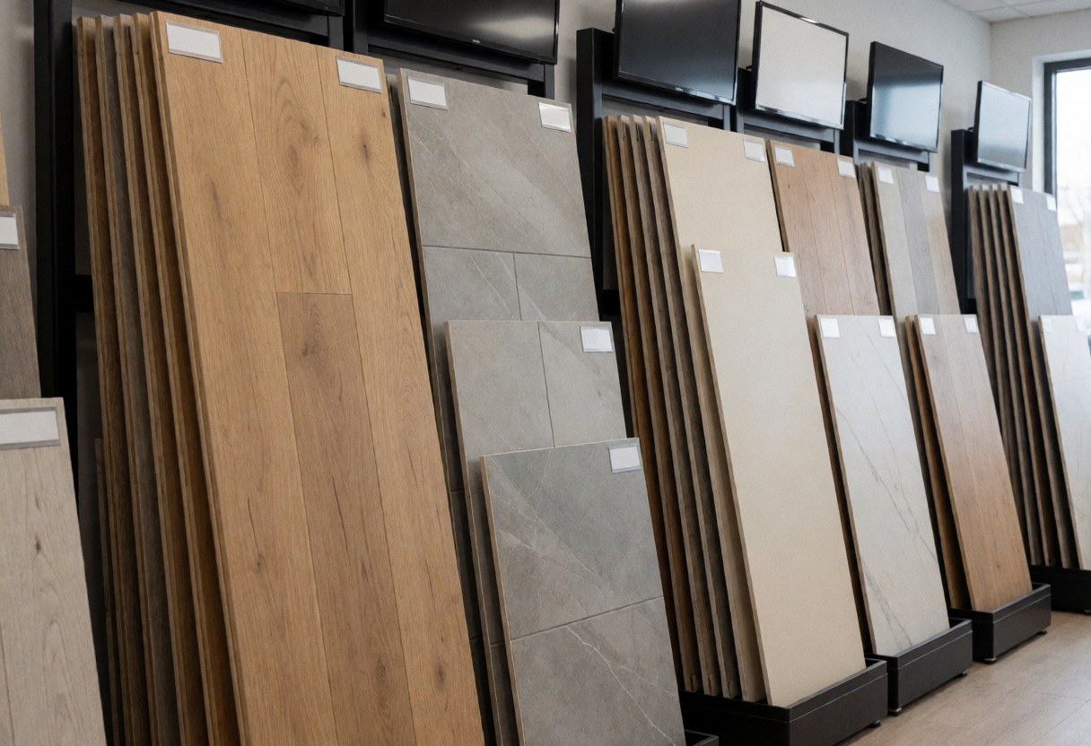 Échantillons de parquet, carrelage et vinyle exposés sur des étagères métalliques dans un magasin, sous un éclairage vif, sans personnes présentes.