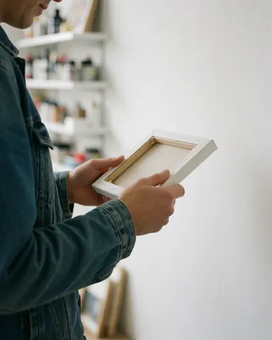 Une cliente vêtue de jean observe attentivement une toile blanche dans une boutique d'art, avec des étagères de peintures en arrière-plan sur un mur blanc.