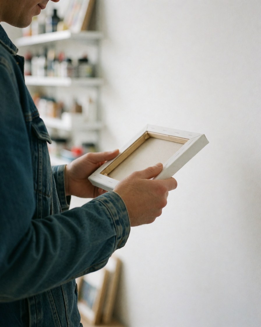 Une cliente vêtue de jean observe attentivement une toile blanche dans une boutique d'art, avec des étagères de peintures en arrière-plan sur un mur blanc.