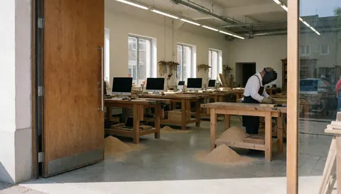 Vue d'un atelier de menuiserie organisé avec des établis en bois clair, du sciage au sol et des outils suspendus au mur, baigné de lumière naturelle.