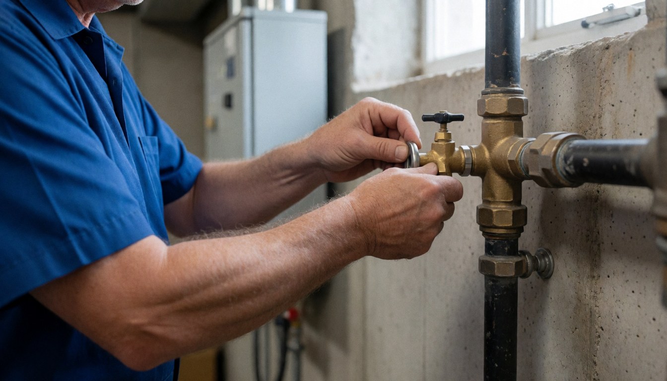 Un plombier ajuste une vanne en laiton sur une tuyauterie métallique contre un mur en béton, éclairé par la lumière naturelle.