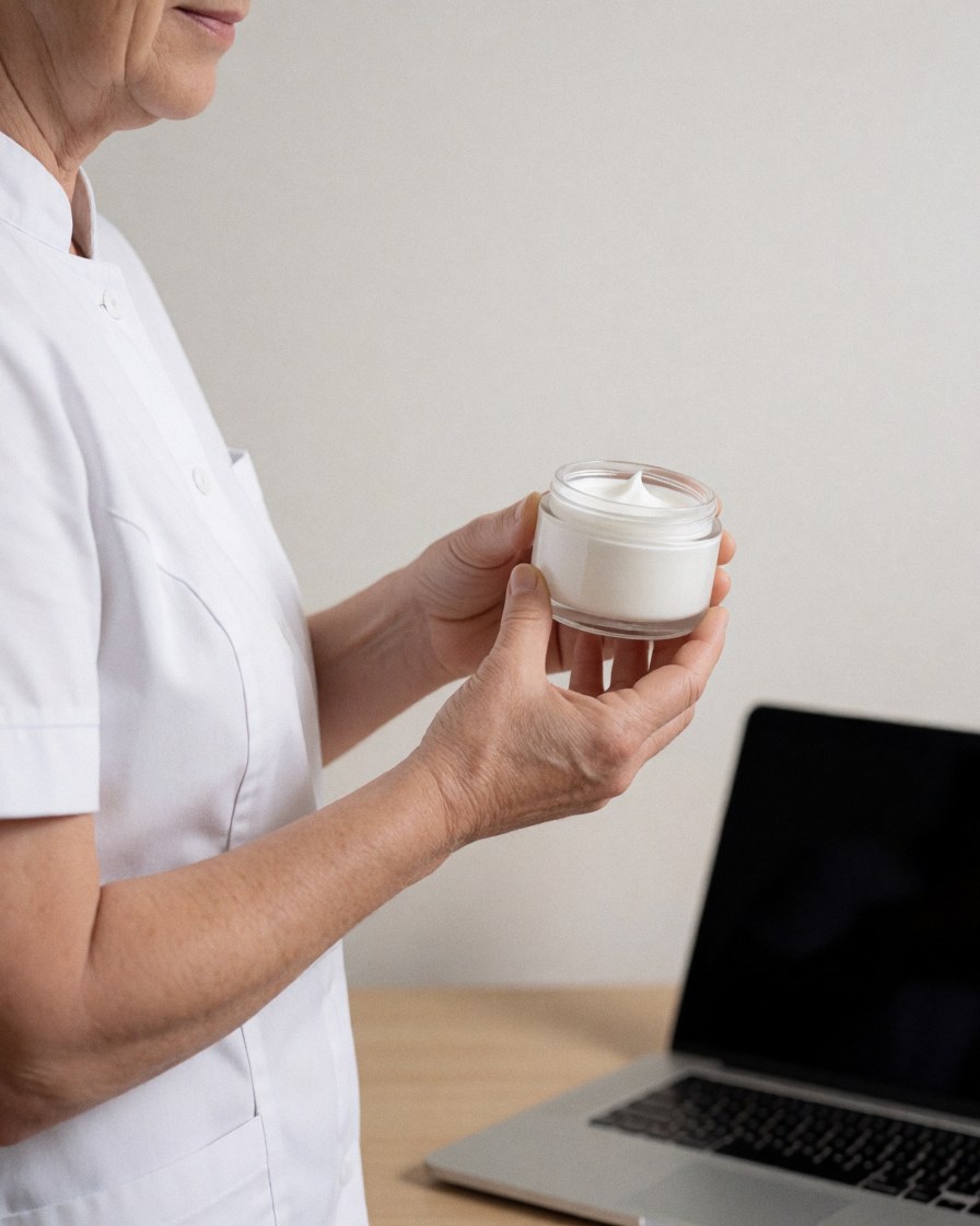 Thérapeute en uniforme blanc tenant un pot de crème, mains visibles sur fond neutre, pour clinique de soins de la peau.