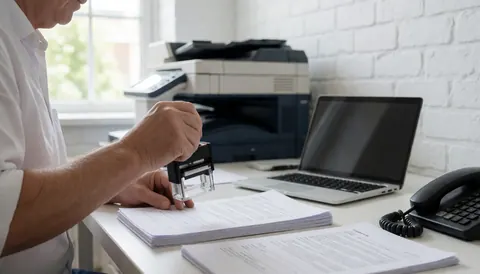 Un professionnel utilise un tampon sur des papiers dans un bureau avec mur en briques blanches, photocopieuse et ordinateur portable.