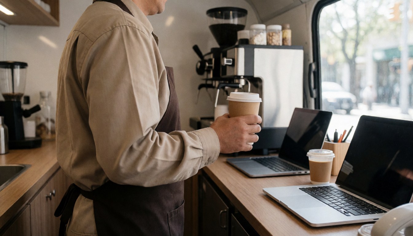 Vendeur de café tenant une tasse dans un camion, avec une machine et des ordinateurs sur le comptoir, scène professionnelle et propre.