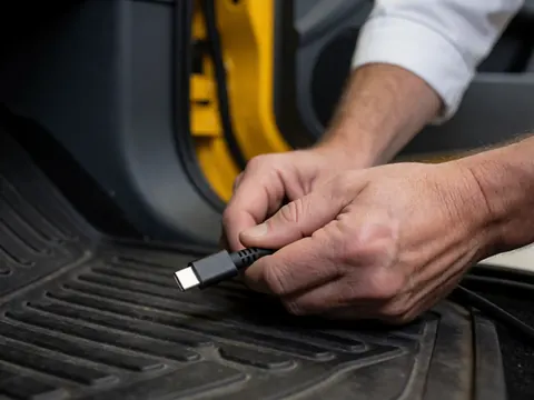 Mains tenant un câble usb-c noir sur le sol en caoutchouc texturé d'un taxi avec une porte jaune en arrière-plan montrant le service de charge pour les voyageurs