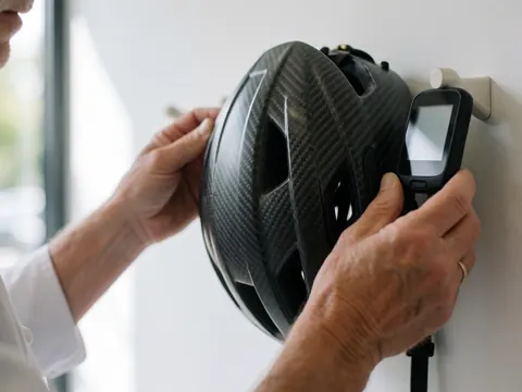 Mains organisant un casque de carbone et un GPS sur un mur blanc, équipement pour instructeur de cyclisme