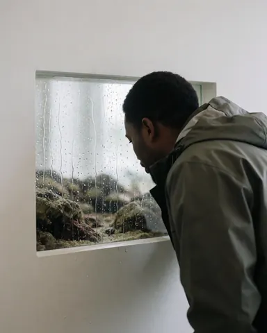 Une personne portant une veste de pluie regarde un aquarium avec des gouttes de pluie sur la vitre dans un espace intérieur aux murs blancs.