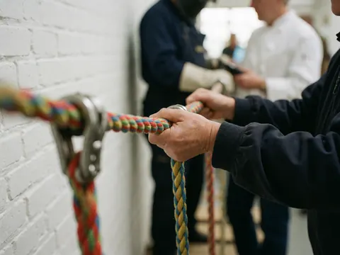 Gros plan sur des mains agrippant fermement une corde multicolore, détail d'un équipement de sécurité dans un parc d'aventure.
