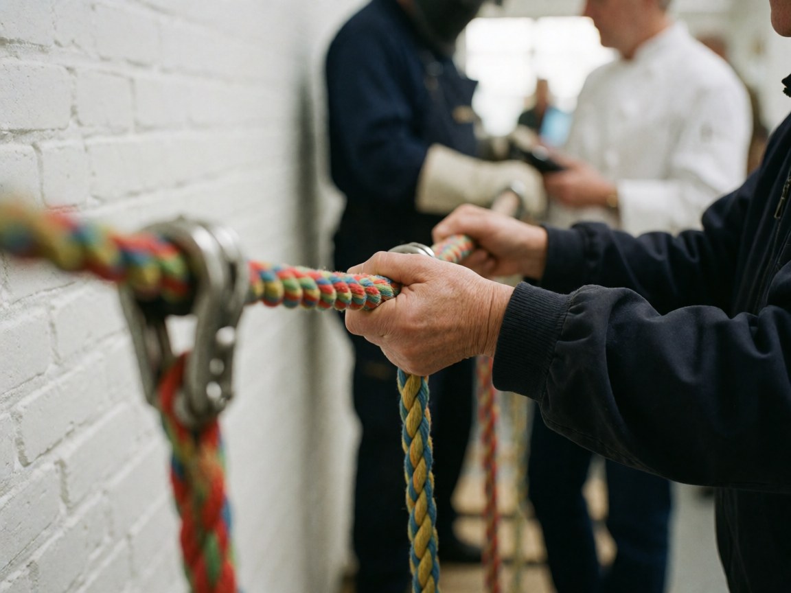 Gros plan sur des mains agrippant fermement une corde multicolore, détail d'un équipement de sécurité dans un parc d'aventure.