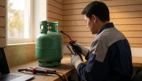 Un plombier portant des gants de protection travaille avec une torche de soudure près d'un réservoir de propane vert dans un atelier aux murs en bois.