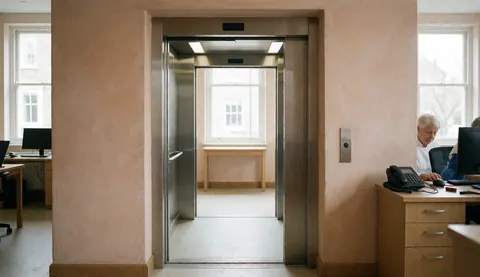 Ascenseur métallique ouvert dans un couloir de bureau avec des murs clairs, montrant une fenêtre et une table en bois au fond, avec une personne travaillant sur un ordinateur à droite.