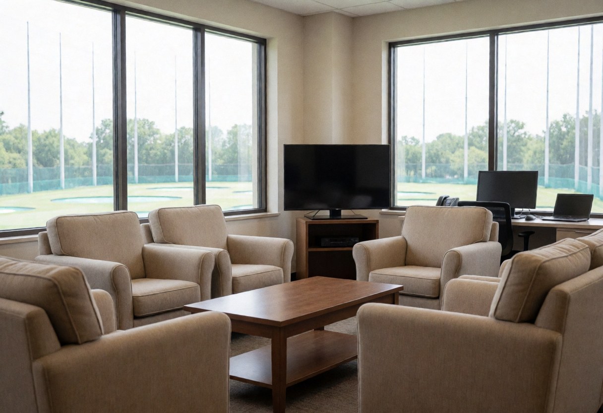 Espace lounge avec chaises confortables et vue sur le terrain de golf, idéal pour les instructeurs de golf.