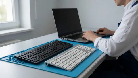 Un technicien de réparation informatique travaille sur une table avec des claviers QWERTY et AZERTY, éclairé par la lumière naturelle d'une fenêtre, dans un atelier ordonné.