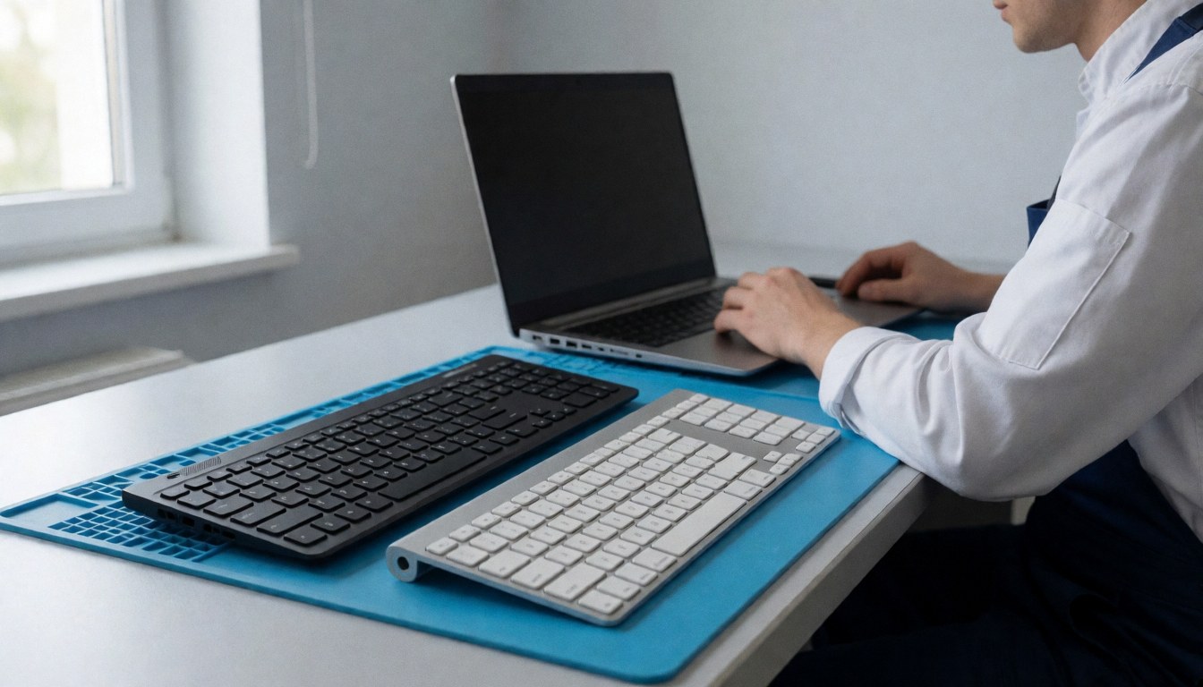 Un technicien de réparation informatique travaille sur une table avec des claviers QWERTY et AZERTY, éclairé par la lumière naturelle d'une fenêtre, dans un atelier ordonné.