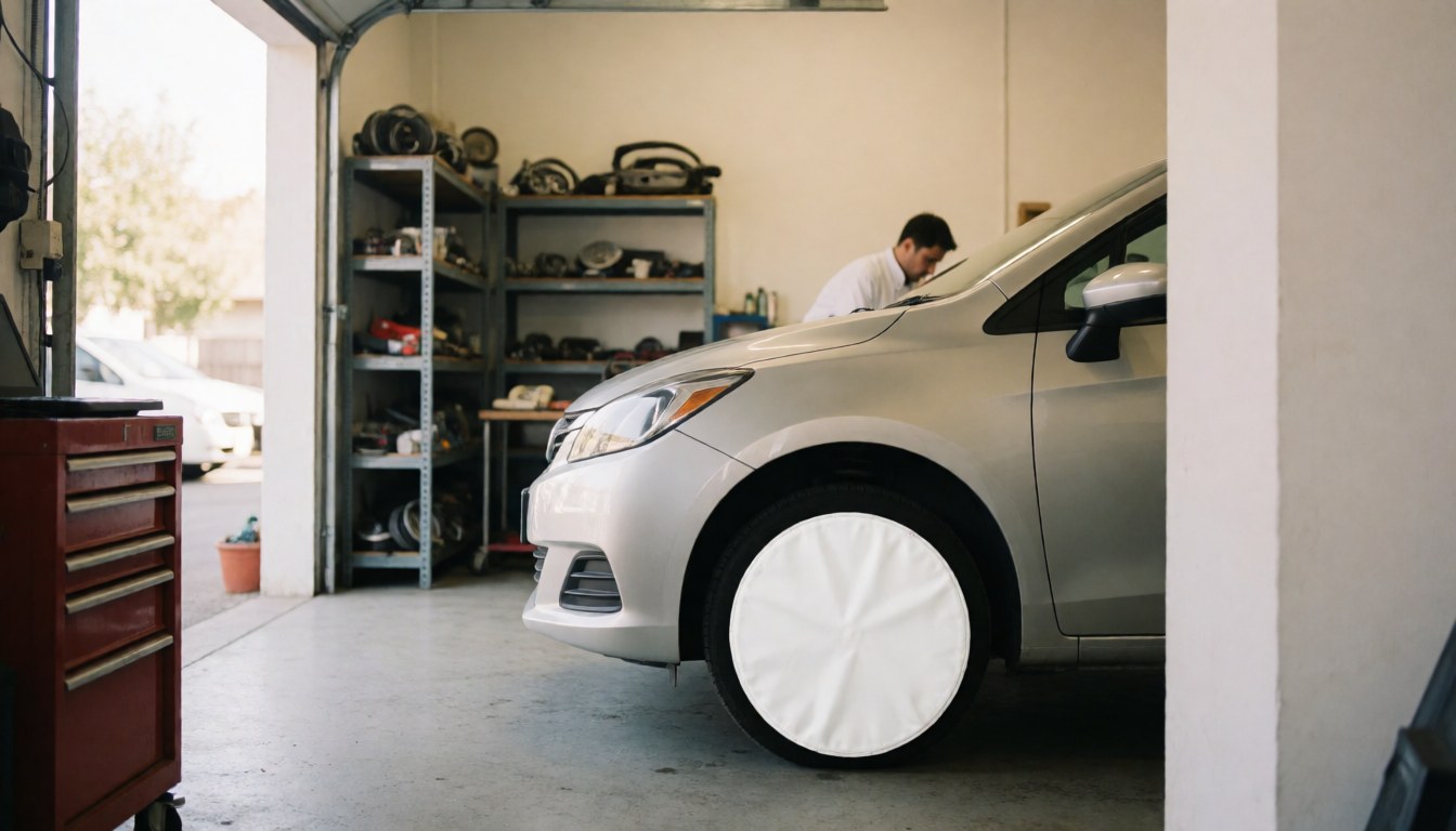 Un technicien travaille dans un atelier automobile avec des étagères remplies d'outils, des murs blancs et une lumière naturelle.