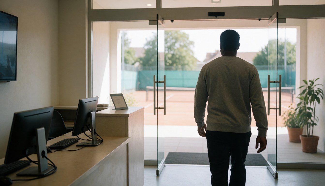 Vue depuis l'intérieur d'un club de tennis montrant une personne s'approchant d'une porte vitrée. On aperçoit le terrain extérieur, la réception avec des ordinateurs, des plantes et des rideaux verts.