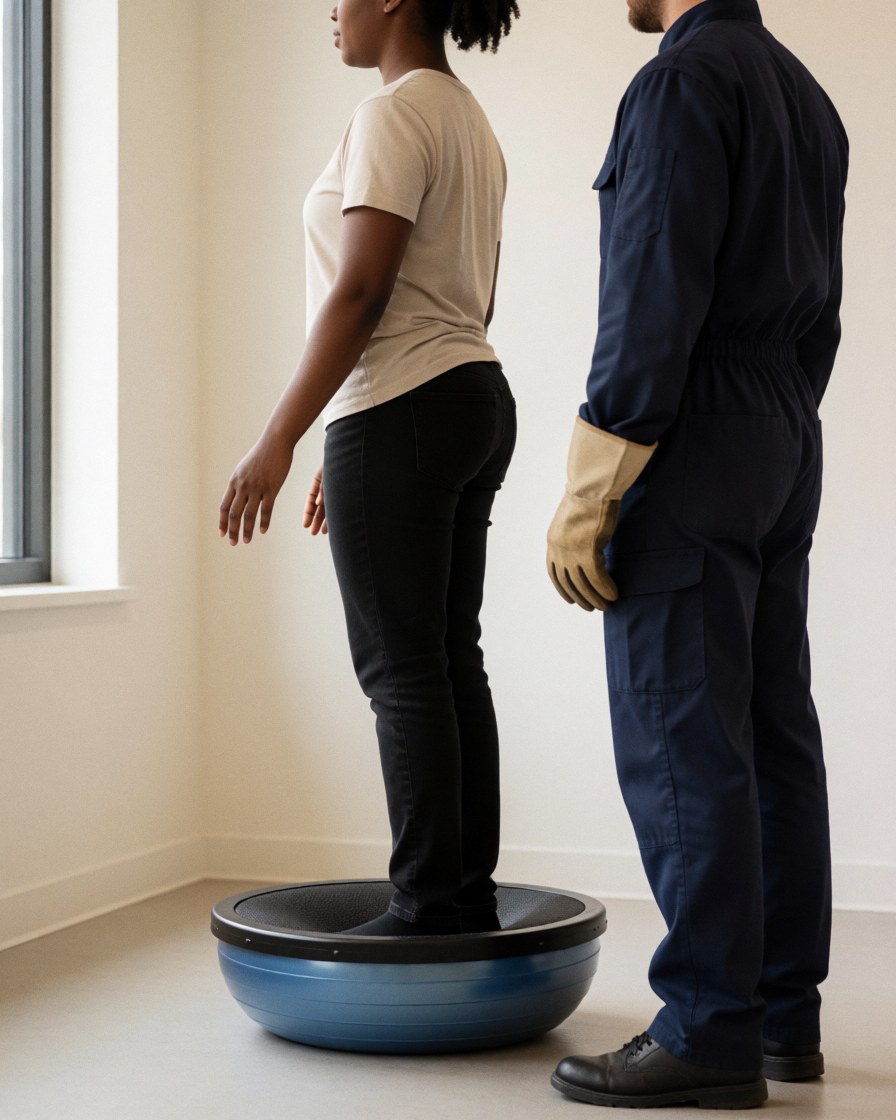 Personne debout sur un ballon bosu avec un professionnel à côté, éclairage naturel et murs clairs, idéal pour la physiothérapie.