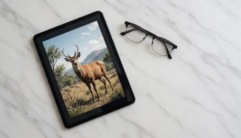 Tablette montrant un cerf dans un paysage montagneux posée sur du marbre blanc à côté de lunettes de lecture, idéale pour un business lié aux NFTs de la faune.