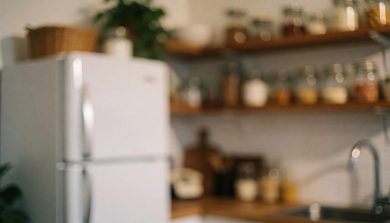 Arrière-plan de cuisine lumineux avec un réfrigérateur blanc, des étagères en bois et des bouteilles en verre, éclairage chaleureux pour textes sur la nourriture.