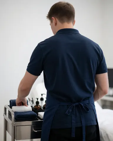 Un esthéticien de dos range des serviettes et des produits de soin sur un chariot professionnel dans un salon de beauté.