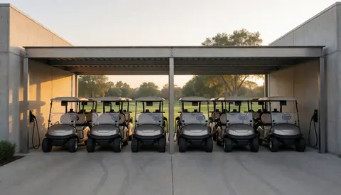Voitures de golf électriques en charge sous un auvent métallique avec des fairways verts en arrière-plan, idéal pour promouvoir un terrain de golf moderne.