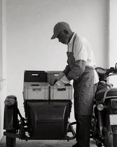 Un chauffeur de moto-taxi examine soigneusement la charge placée dans le sidecar, avec des murs blancs en arrière-plan et une équipe de travail visible, illustrant une scène de livraison professionnelle.
