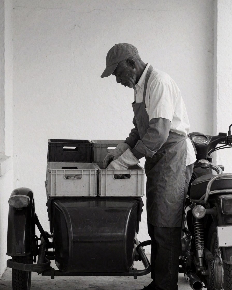 Un chauffeur de moto-taxi examine soigneusement la charge placée dans le sidecar, avec des murs blancs en arrière-plan et une équipe de travail visible, illustrant une scène de livraison professionnelle.